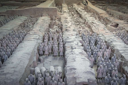 Xian, China -  July 2019 : An army of terracota clay soldiers, created during the reign of first...