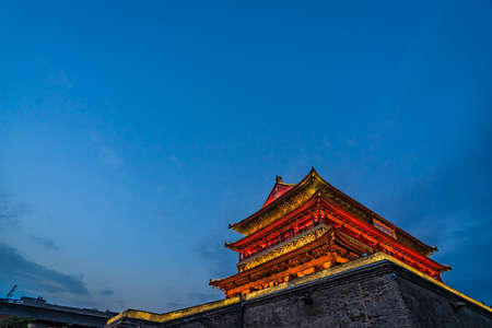 Xian, China -  July 2019 : Bell Drum Tower beautifully lit and illuminated at night, Shaaxi Province, Central Chinaのeditorial素材