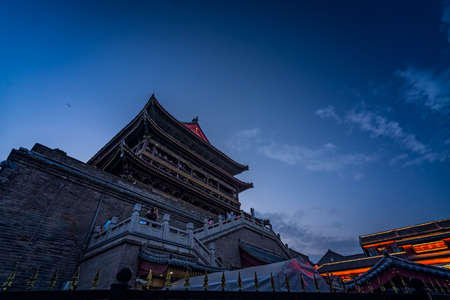 Xian, China -  July 2019 : Landmark Xian Bell Drum Tower photographed at dusk, Shaaxi Provinceのeditorial素材
