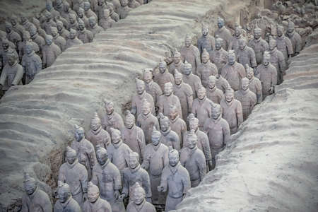 Xian, China -  July 2019 :  Standing clay soldiers forming part of an army of terracota warriors, created during the reign of first chinese emperor Qin Shi Huang Di,Shaanxi Provinceのeditorial素材