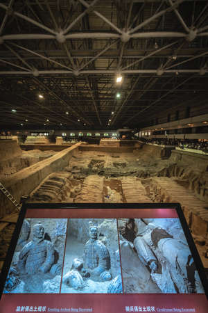 Xian, China -  July 2019 : Information display about the Terracota Army warriors, created during the reign of first chinese emperor Qin Shi Huang Di, Xian, Shaanxi Provinceのeditorial素材