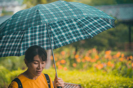 Wullingyuan, China -  July 2019 : Middle aged Chinese woman walking with an umbrella during tropical monsoon rainのeditorial素材