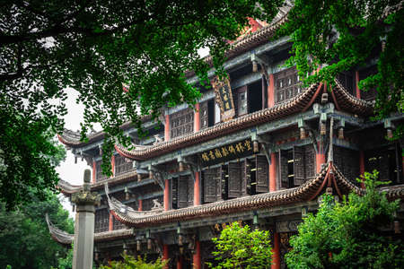 Chengdu, China -  July 2019 : Front facade of an impressive temple in Wenshu Monastery