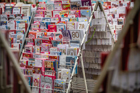 London, United Kingdom -  October 2019 : Wish, greeting, celebration and birthday cards for sale at the Catford Centre street market in Lewishamのeditorial素材