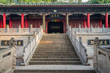 Huashan, China -  August 2019 : Wide stone concrete stairs leading to the Buddhist temple at the foot of Huashan mountain, Xian, Shaanxi Provinceのeditorial素材