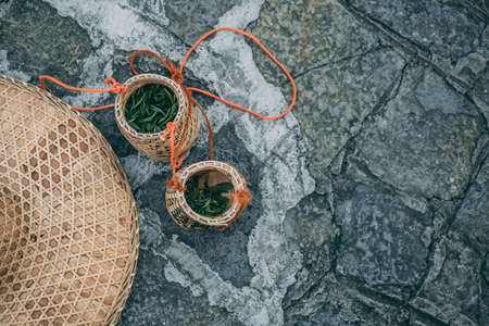 Small wicker basket bowls with freshly collected young green tea leaves on the agricultural tree plantation, Yangshuo, Guangxi Province, Chinaの写真素材