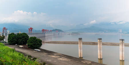 Yangtze River, China - August 2019 : Panoramic view of the Three Gorges Dam on the Yangtze River, the largest river dam in the world. Yichang City, Hubei Provinceのeditorial素材