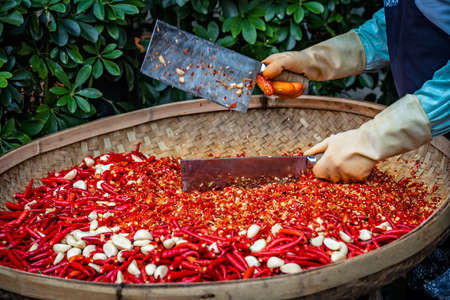 Chillies and garlic being chopped by female worker in a wicker bowl on the street market in Yangshuo town, Chinaの写真素材