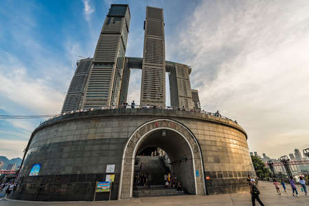 Chongqing, China - August 2019 : Modern commercial and business building, Raffles City Chongqing building, called also The Crystal, designed by Israeli-Canadian architect Moshe Safdieのeditorial素材