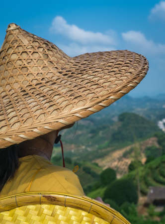 A beautiful closeup of a female in an Asian conical hat against a foliage forest and mountainsの写真素材