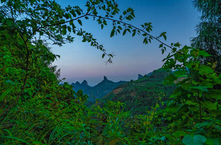 Xianggong Hill viewpoint view of beautiful green, lush and dense karst mountain landscape in...