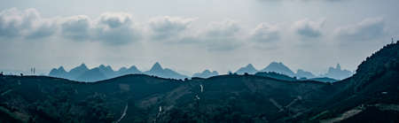 Panorama of a beautiful karst peaks and mountain landscape in Yangshuo area, Guangxi Province, Chinaの写真素材