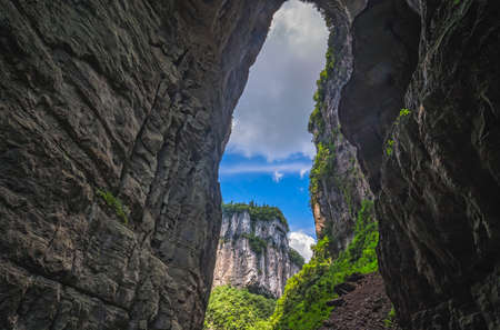 Stunning karst mountain scenery on the riverbank of the magnificent Li river flowing between Guilin and Yangshuo towns, Chinaの写真素材