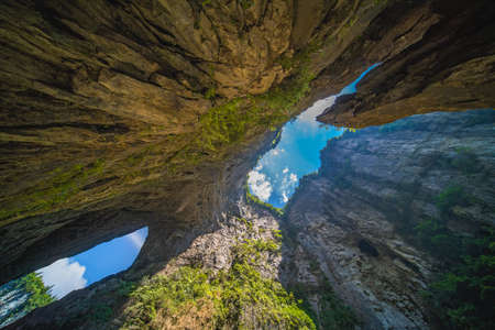 Stunning karst mountain scenery on the riverbank of the magnificent Li river flowing between Guilin and Yangshuo towns, Chinaの写真素材