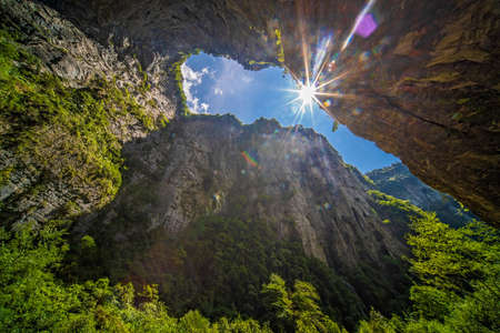 Stunning karst mountain scenery on the riverbank of the magnificent Li river flowing between Guilin and Yangshuo towns, Chinaの写真素材