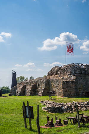 Wenecja, Poland - July 2020 : Flag fluttering on a mast above the ruins of Wenecja castle in a field under the sunlight and a blue sky in Polandのeditorial素材