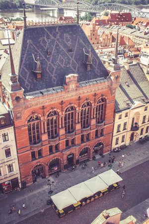 Torun, Poland - August 2020 : Aerial view of the Artus Court called Dwor Artusa on market square in...