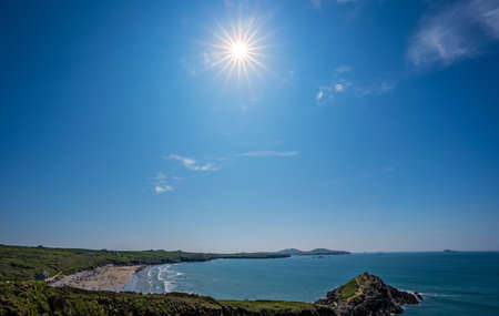Extreme wide angle view of the Whitesands Bay beach and cliffs, Walesの写真素材
