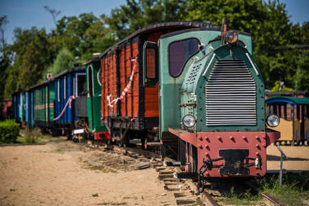 The old disused narrow gauge train locomotive in the museum in Wenecja in Polandのeditorial素材