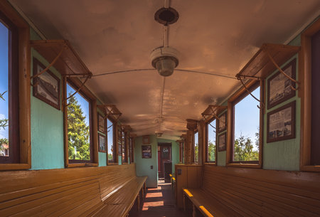 Wenecja, Poland - July 2020 : Interior of one of the old carriages of the old disused narrow gauge train museumのeditorial素材