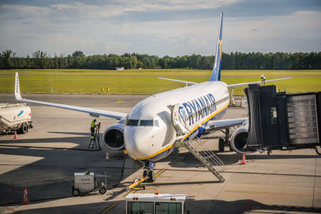 Wroclaw, Poland - August 2020 : Ryanair plane waiting for passengers at Wroclaw airportのeditorial素材