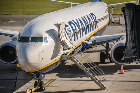 Wroclaw, Poland - August 2020 : Ryanair plane waiting for passengers at Wroclaw airportのeditorial素材