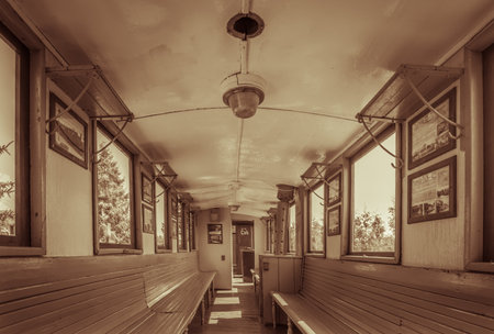 Wenecja, Poland - July 2020 : Interior of one of the old carriages of the old disused narrow gauge train museumのeditorial素材