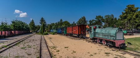 Wenecja, Poland - July 2020 : Two old disused narrow gauge train locomotives in the museumのeditorial素材