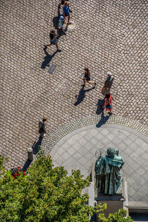 Torun, Poland - August 2020 : Nicolaus Copernicus Statue in Torun Old town in summer, picture taken from high above viewing platform in the Ratusz Clock towerのeditorial素材