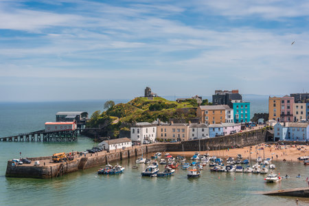 Tenby, Wales - May 2021 : Port and marina in the beautiful little town called Tenby in Pembrokeshire, Carmarthen Bay, Wales, Great Britainのeditorial素材