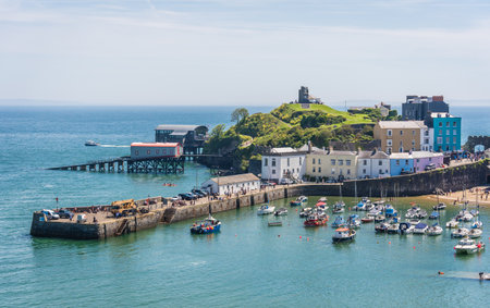 Tenby, Wales - May 2021 : Port and marina in the beautiful little town called Tenby in Pembrokeshire, Carmarthen Bay, Wales, Great Britainのeditorial素材