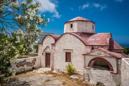 Old small abandoned chapel in Mesochori village in Karpathos, Greeceの写真素材