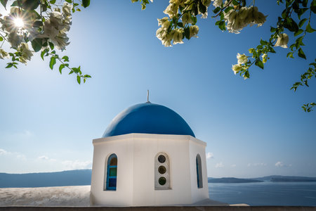Famous blue dome of an orthodox church in Oia town, Santorini Island, Greeceの写真素材
