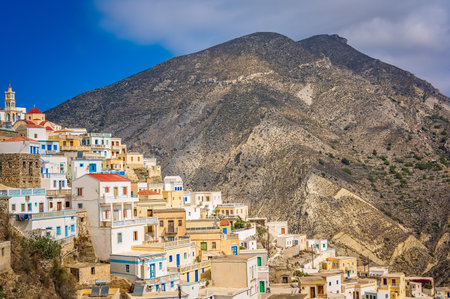 Hillside colorful homes in the old tradition village Olympos in Karpathos island, Dodecanese Greeceの写真素材