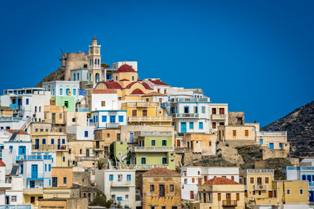 Hillside colorful homes in the old tradition village Olympos in Karpathos island, Dodecanese Greeceの写真素材