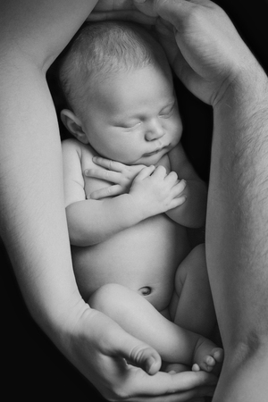 portrait of newborn baby lying on the hands of parents. the concept of newborn healthの写真素材