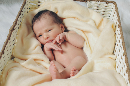 A little child lies in the basketの写真素材