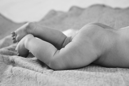 Naked newborn baby lying on his tummy. Little boy on grey background. Advertising prevention in medicine: clean baby skin, hygiene of intimate placesの写真素材