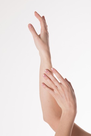 two women's hands on a white background. Empty hand isolated on whiteの写真素材