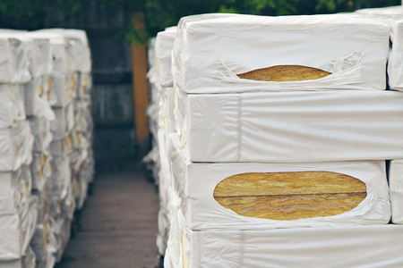 The texture of mineral wool for insulating the walls. warehouse of products ready for importの写真素材