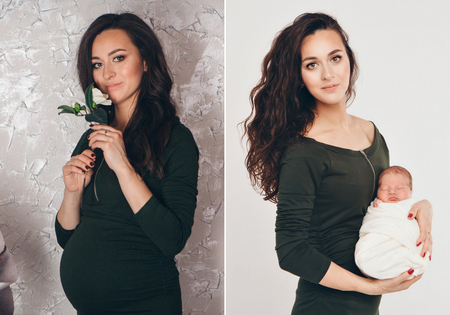 two photos in one: a pregnant woman and a woman with a baby in her arms on a white backgroundの写真素材
