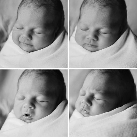 four photos in one: 4 baby newborn faces close-up with different facial expressionsの写真素材