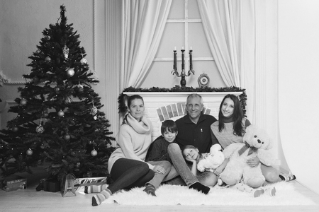 a group of 7 people and one Teddy: a large family sitting on the floor against the fireplace, Christmas decorations, Christmas trees, clocks, candelabraの写真素材