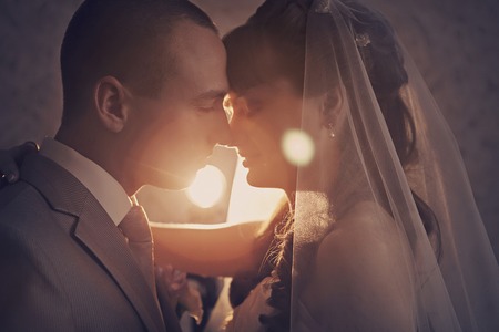 play of light and shadow: bride and groom face to face. A man kisses a woman. Valentine's dayの写真素材