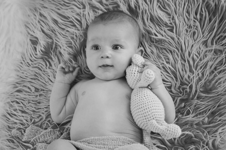 newborn baby sleeping with a toy next to the knitted teddy bearの写真素材