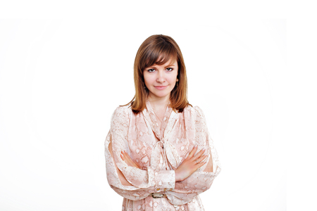 isolated photo: portrait of a smiling handsome woman in a business suitの写真素材