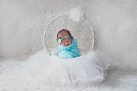 newborn baby wrapped in a blanket sleeping in a basketの写真素材