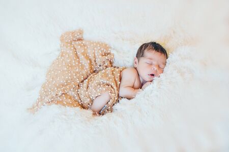 newborn baby sleeps wrapped in a blanketの写真素材