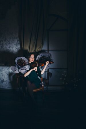 the concept of music education, the fashion Industry-a beautiful girl playing the violin among the big artificial flowers at dusk. Beauty in a dress among creative sceneryの写真素材