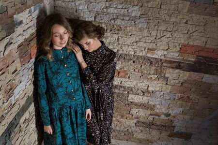 advertising of fashion for woman: dress, shoes. two happy girls smiling. Portrait of women hugging. The concept of relationships in the family, friends, sisters, couple in love.の写真素材